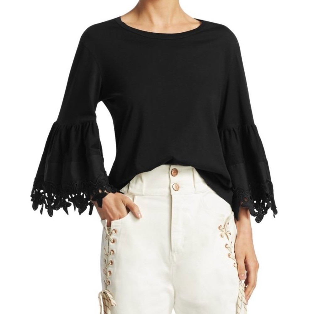 See by Chloe Black Tiered Lace Trim Bell Sleeve T-Shirt Top Size Small